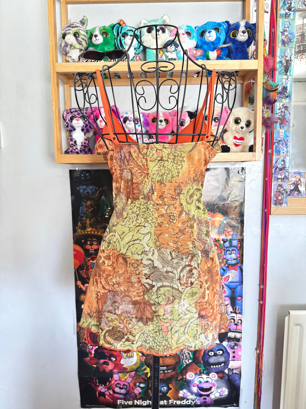 y2k vintage mesh ruffled orange and green floral autumnal cami top