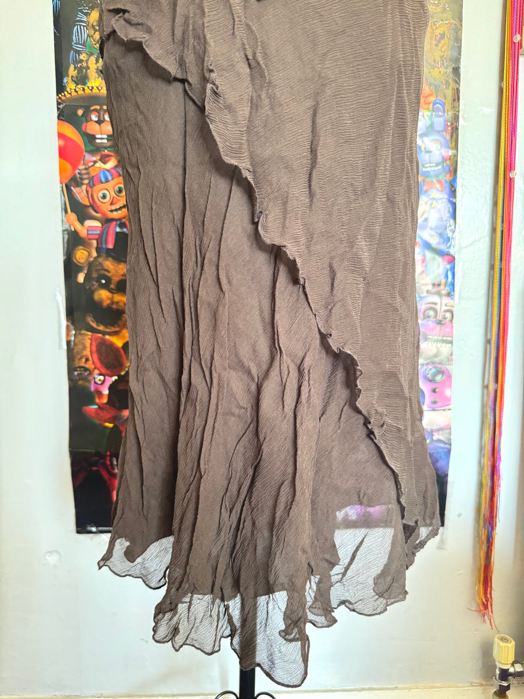 y2k vintage silk chocolate brown fitted asymmetrical fairy hem halterneck midi dress