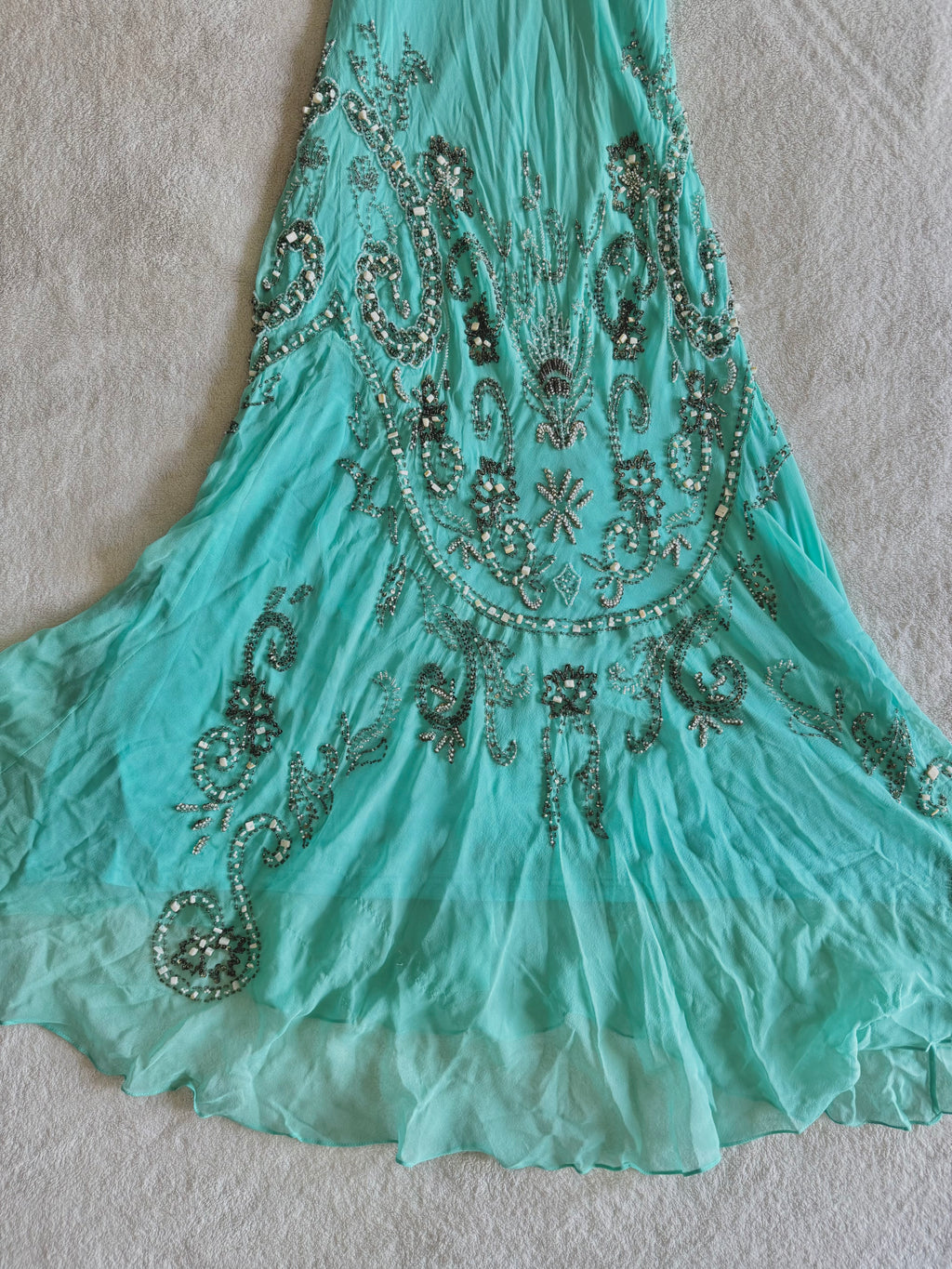 vintage 90’s turquoise blue silk heavily beaded handmade fishtail maxi dress mermaid core