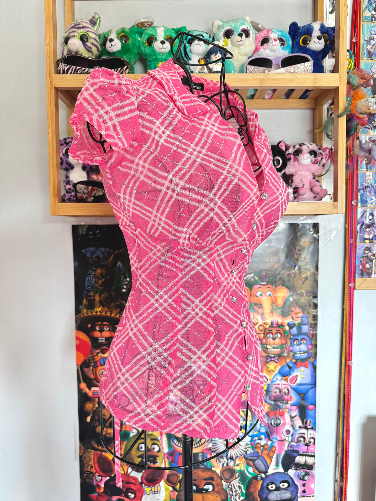y2k vintage rare hot pink plaid glittery button up sheer blouse with lace up back mcbling