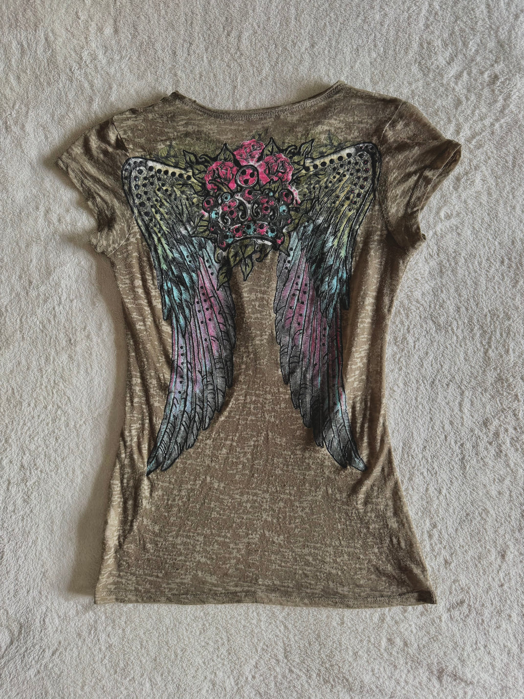y2k vintage khaki green fitted sheer insane graphic top with crown, wings and rhinestones