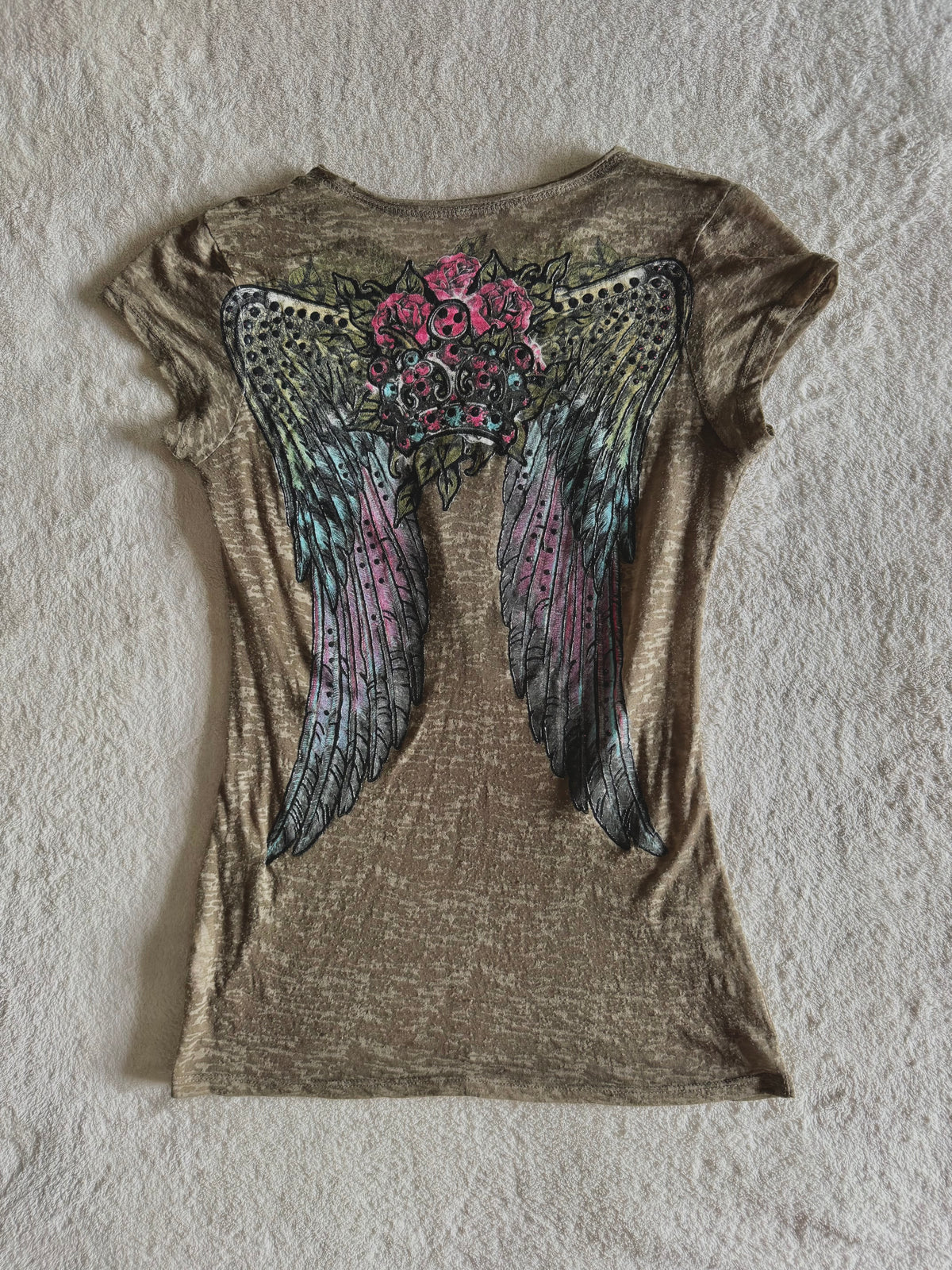 y2k vintage khaki green fitted sheer insane graphic top with crown, wings and rhinestones