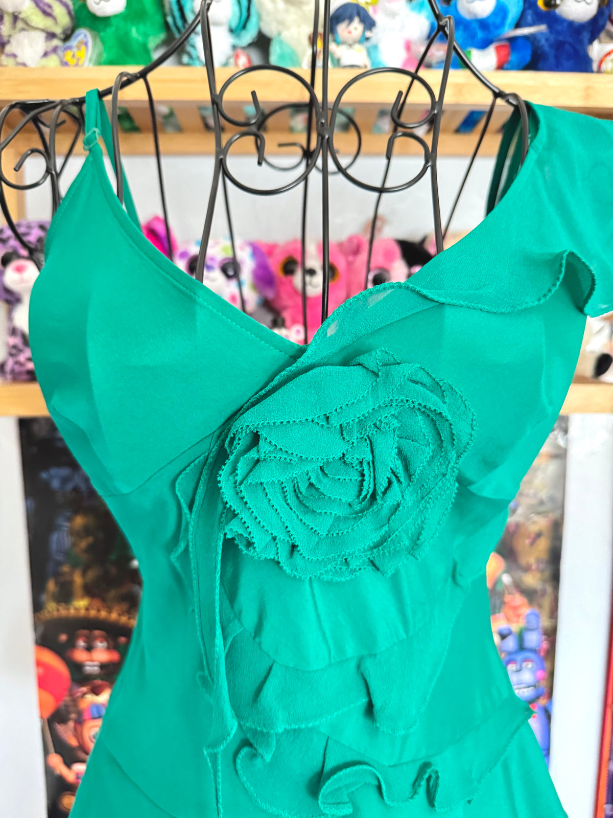 y2k vintage silk emerald green floral layered asymmetrical hem cami top