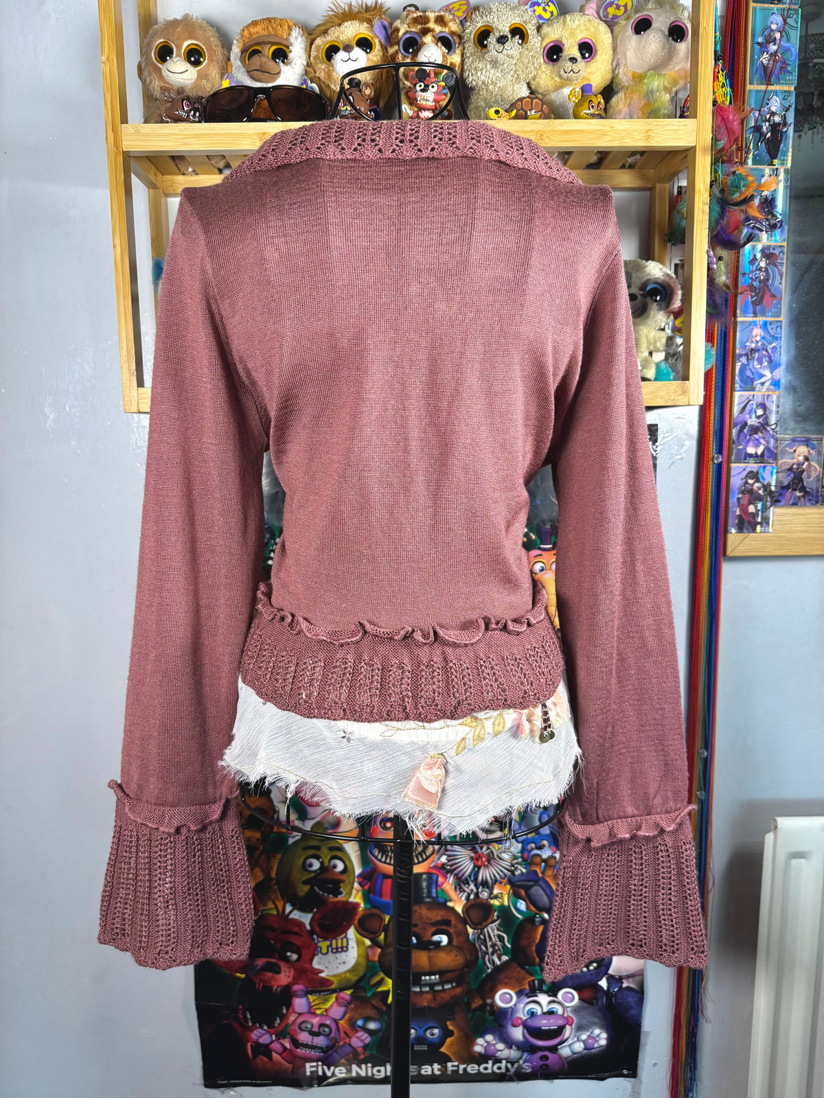 y2k vintage dusty pink fitted cropped tie front flared sleeve cardigan