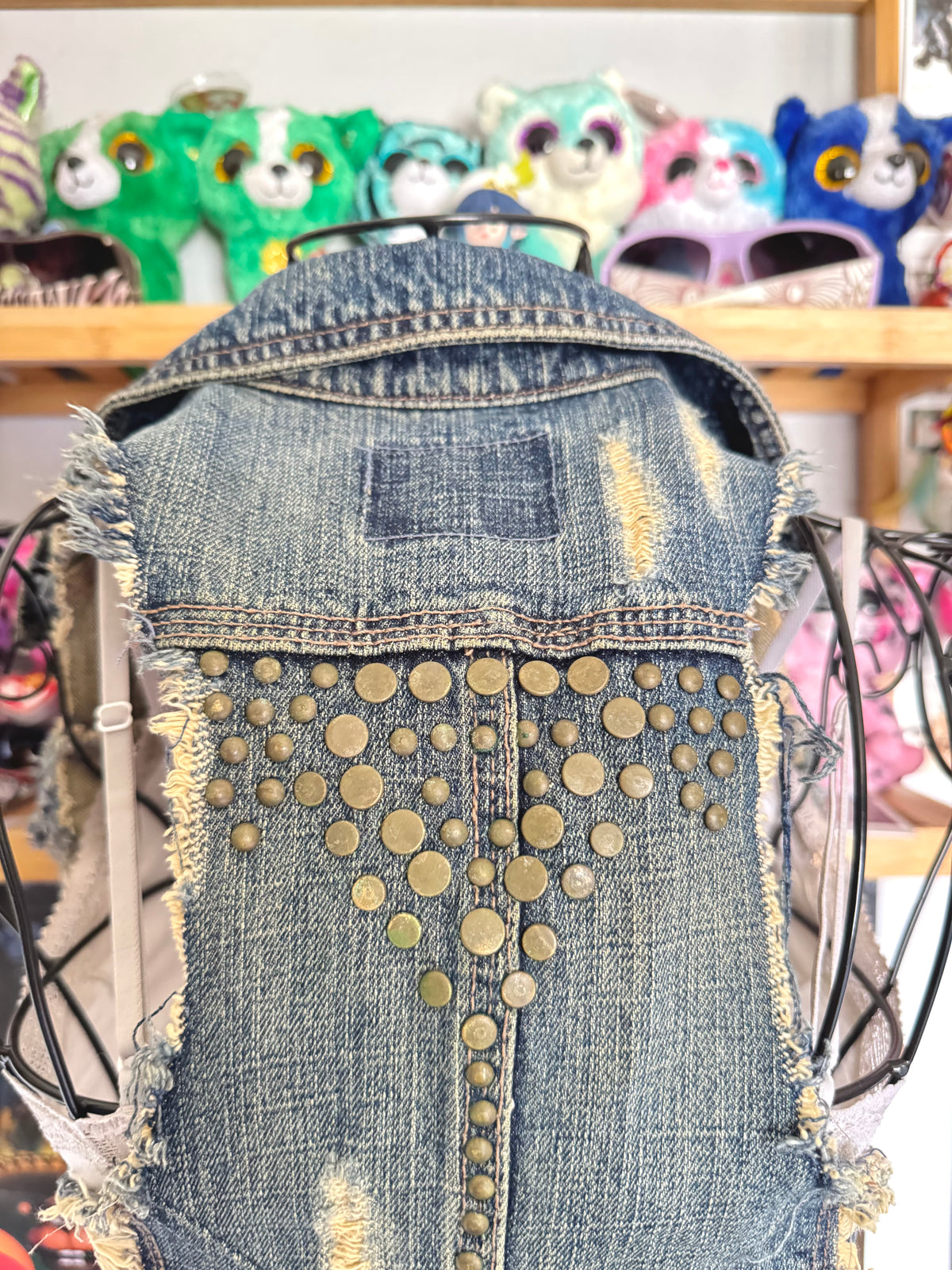 y2k vintage medium wash denim sleeveless waistcoat with studs and punk details