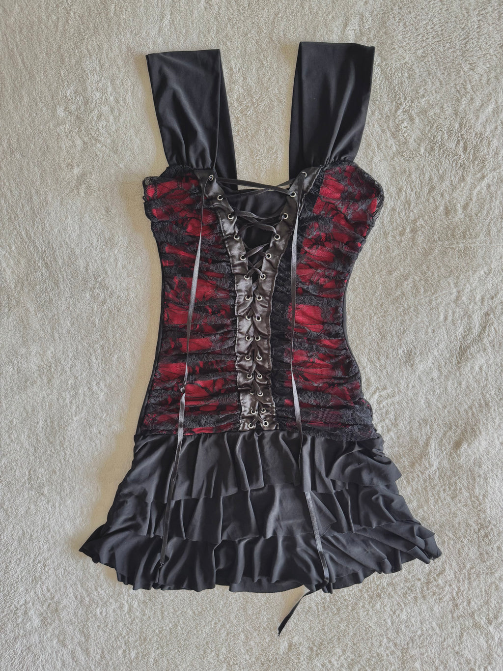 y2k vintage malgoth ruffle tiered lace up corset style mini dress
