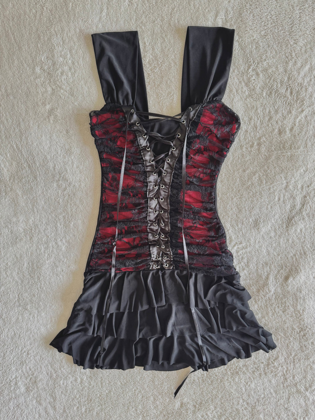 y2k vintage malgoth ruffle tiered lace up corset style mini dress