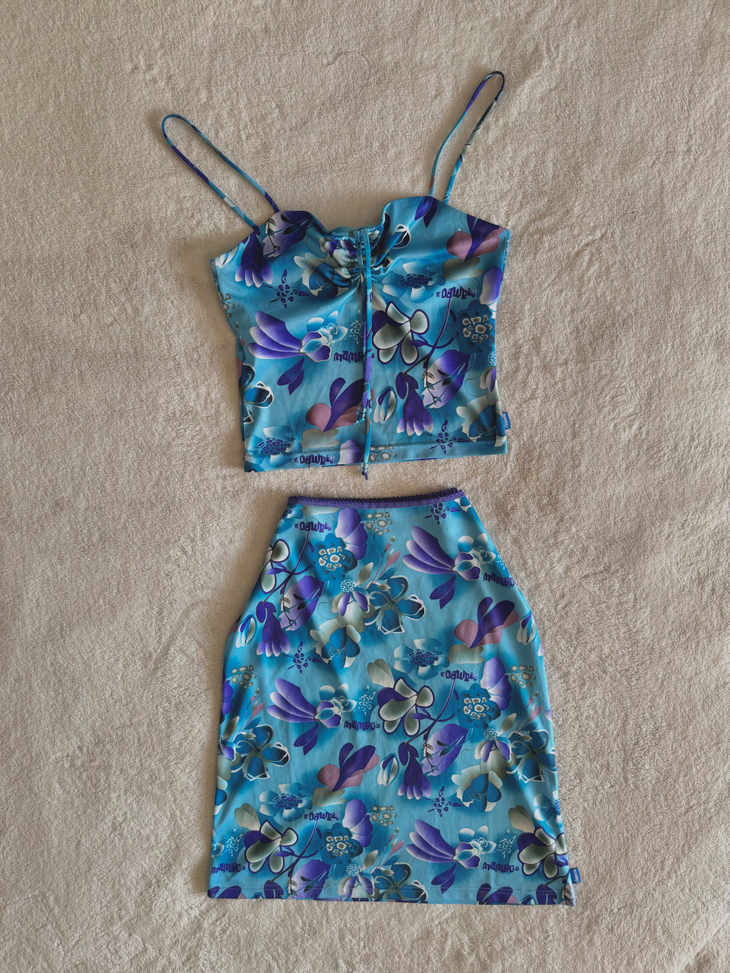 y2k vintage aqua blue h2o floral print two piece midi skirt and cami top set