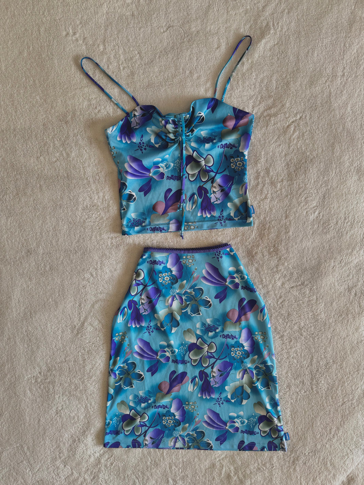 y2k vintage aqua blue h2o floral print two piece midi skirt and cami top set