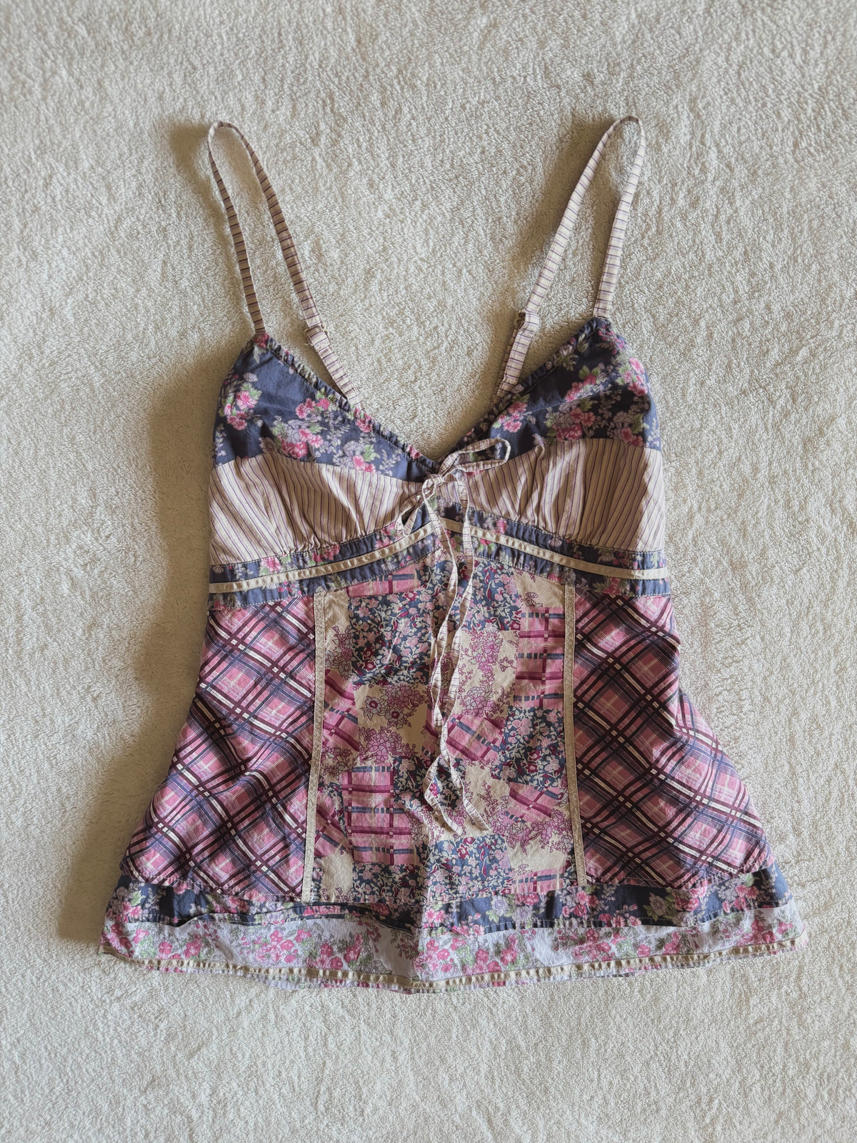 y2k vintage patchwork style criss-cross strap mixed print fitted cami top