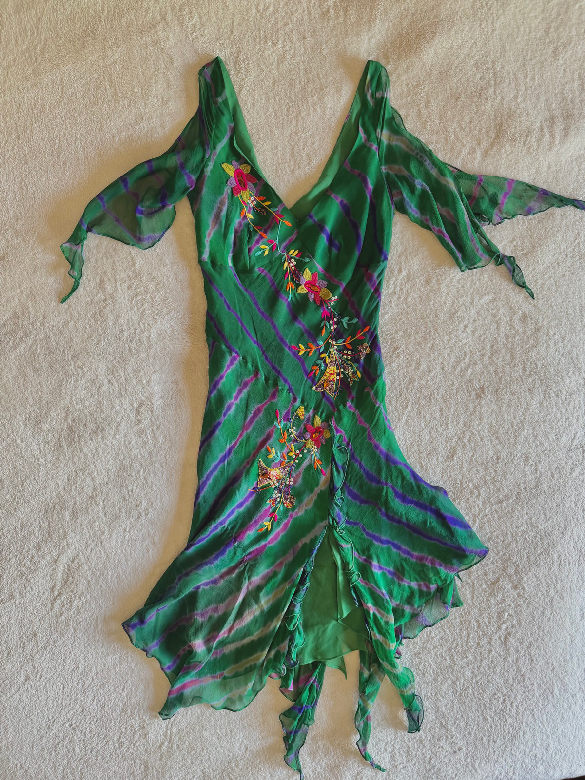 y2k vintage silk green flowy midaxi length dress with multicoloured embroidered details