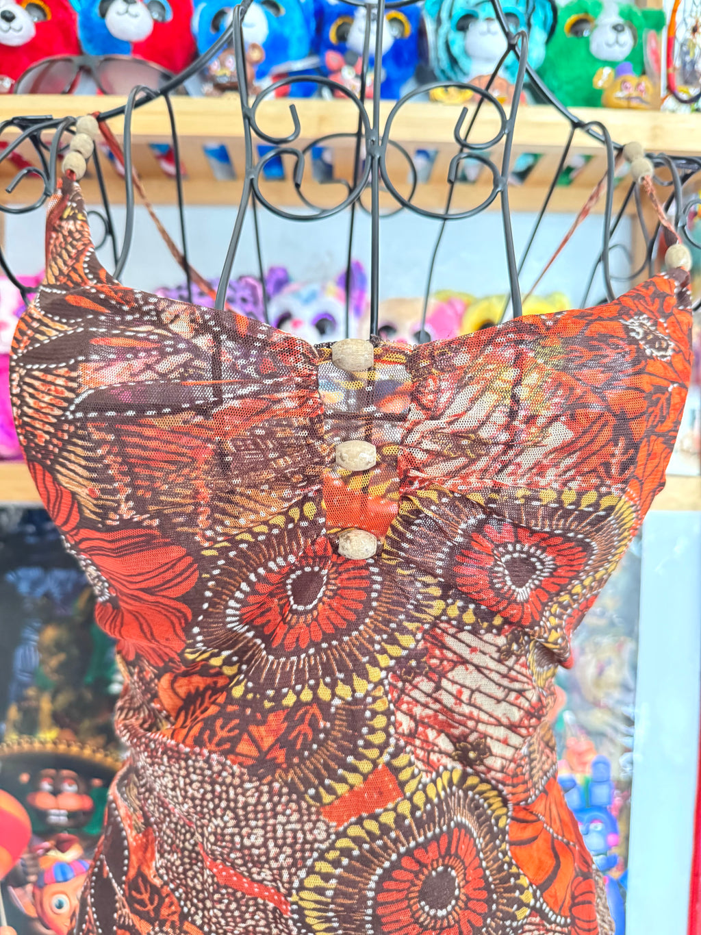 y2k vintage orange floral mesh cami top with wooden beading