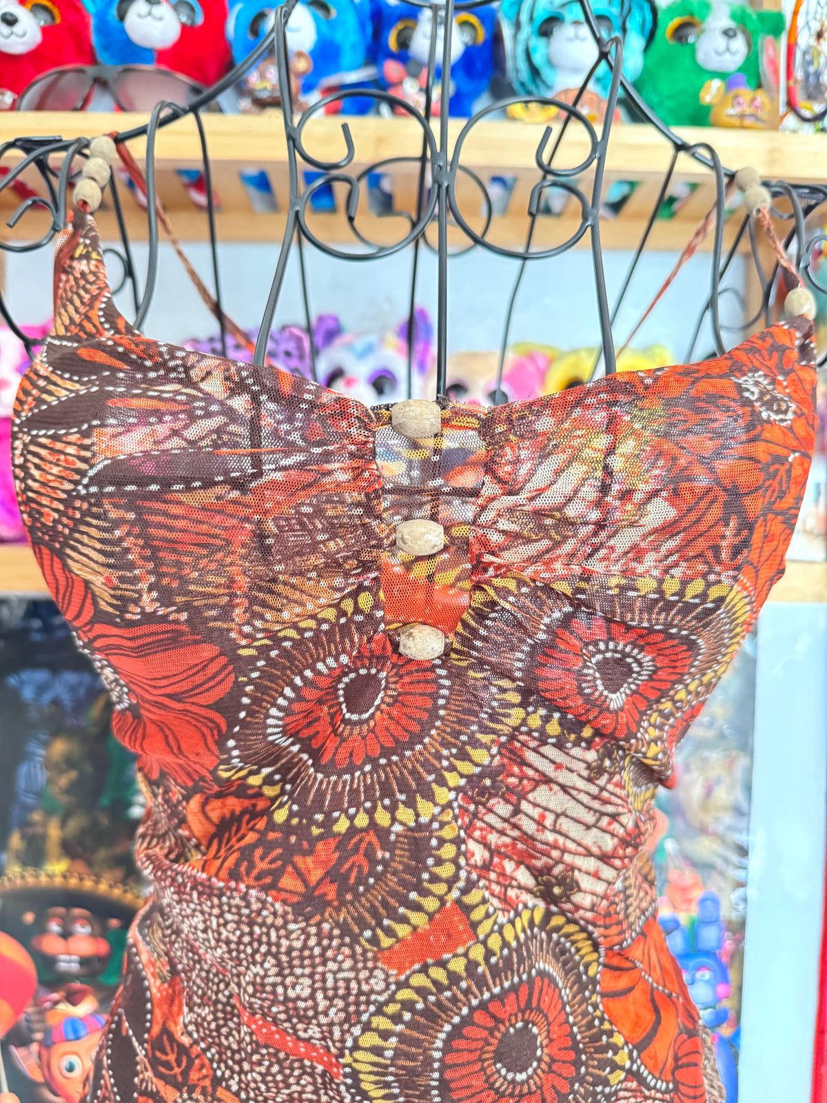 y2k vintage orange floral mesh cami top with wooden beading