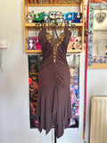y2k vintage chocolate brown ruched asymmetrical hem midi halterneck dress with golden sequins