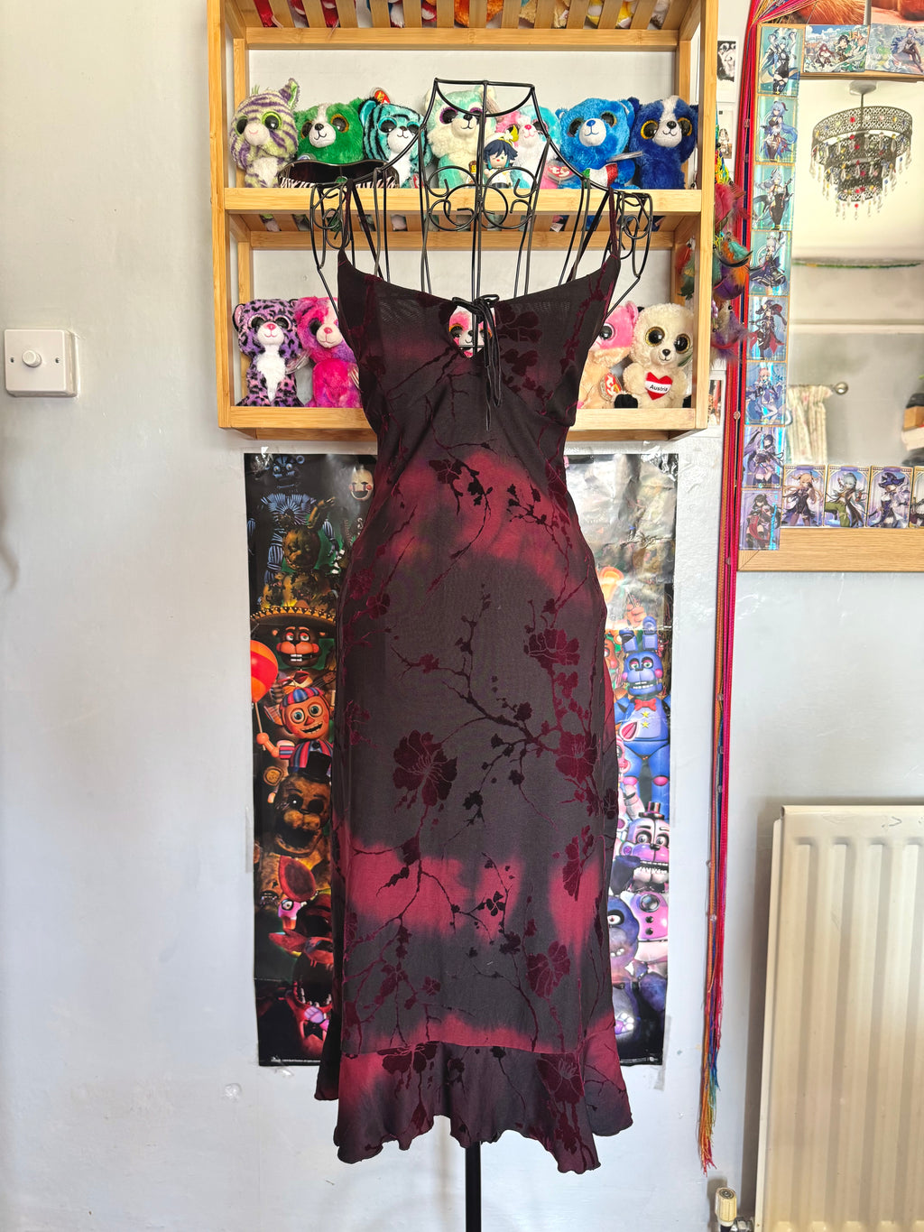 y2k vintage red and black velvet floral midi dress