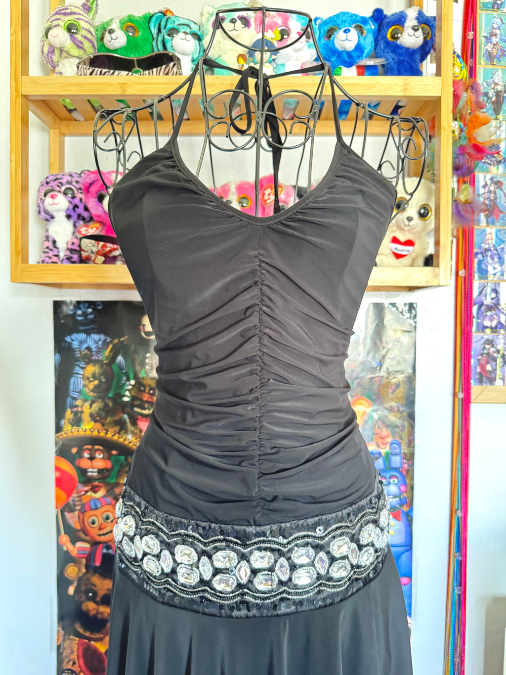 y2k vintage black sequin ruched slinky halterneck midi dress with hanky fairy hem