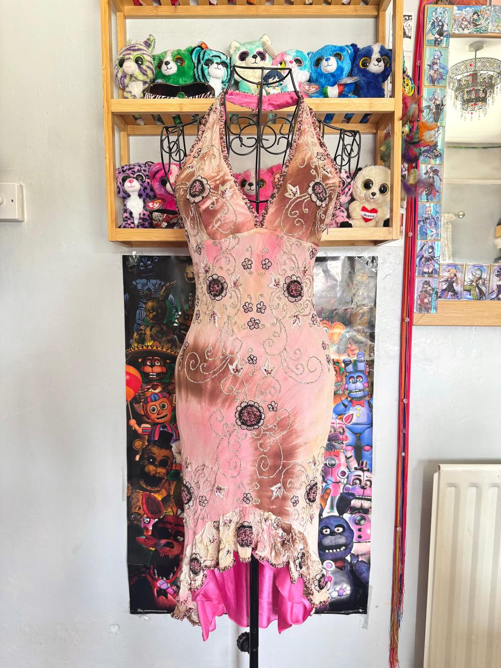 90’s vintage silk pink and brown beaded floral pattern halterneck mini dress fairycore