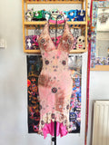 90’s vintage silk pink and brown beaded floral pattern halterneck mini dress fairycore