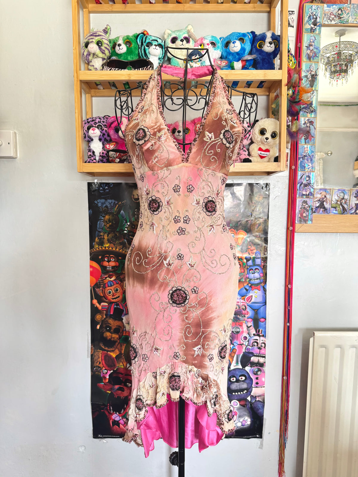 90’s vintage silk pink and brown beaded floral pattern halterneck mini dress fairycore