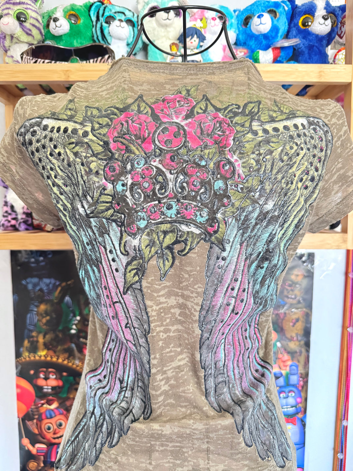 y2k vintage khaki green fitted sheer insane graphic top with crown, wings and rhinestones