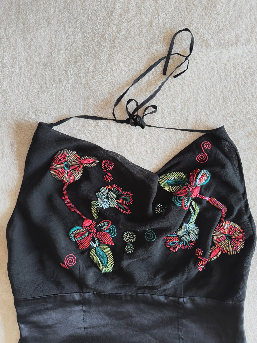 y2k vintage silk fitted cowl neck halter top with beading embellishments