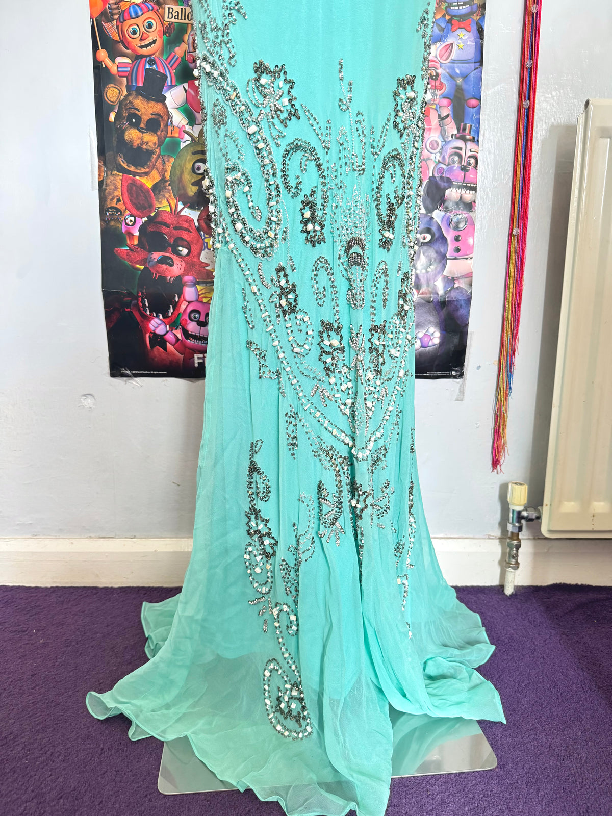 vintage 90’s turquoise blue silk heavily beaded handmade fishtail maxi dress mermaid core