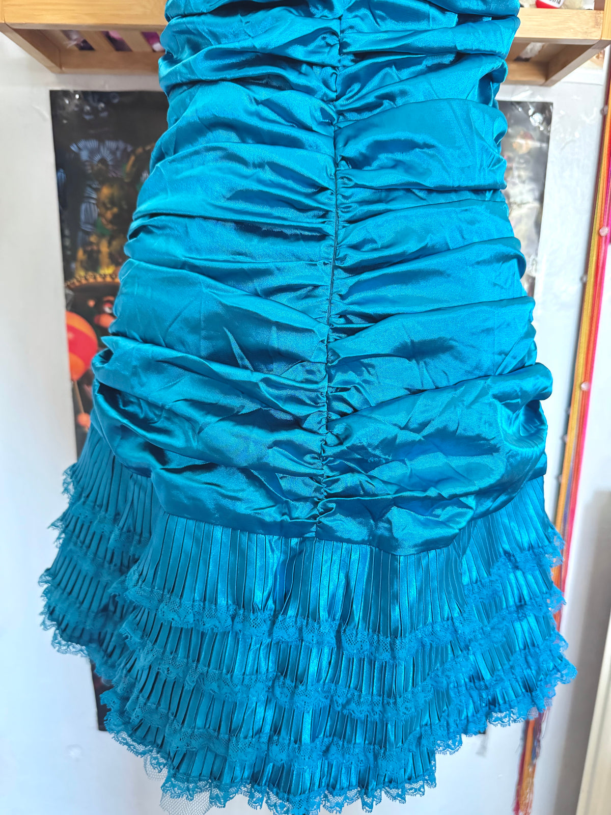 y2k vintage bnwt deadstock satin blue ruched strapless mini dress