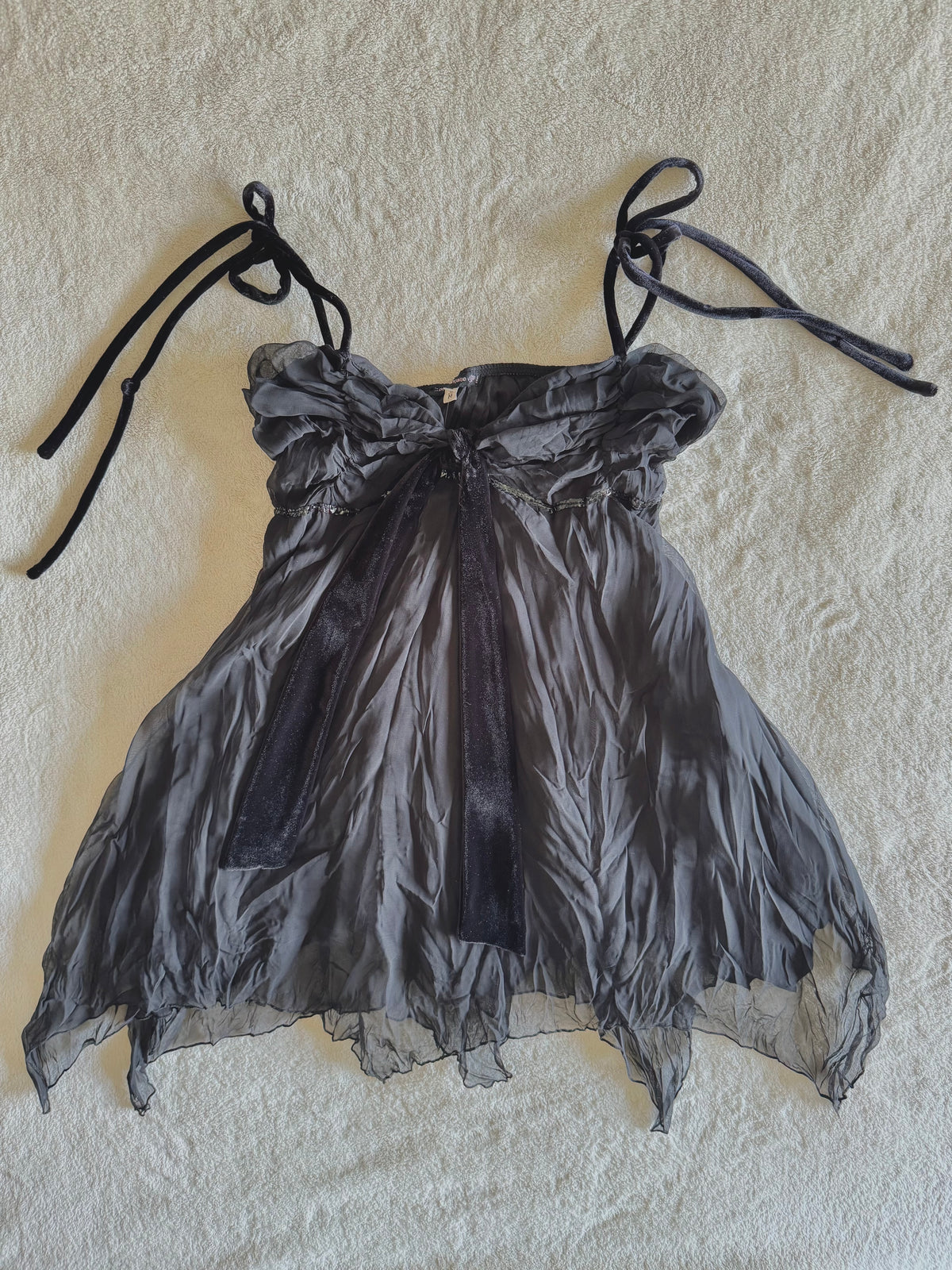 y2k vintage black and grey layered floaty babydoll cami top with velvet accents
