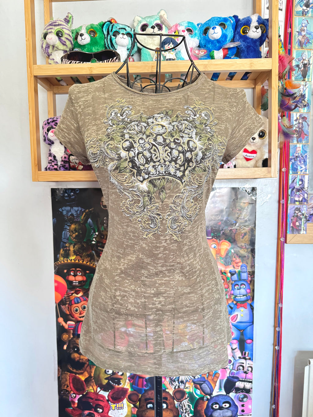 y2k vintage khaki green fitted sheer insane graphic top with crown, wings and rhinestones