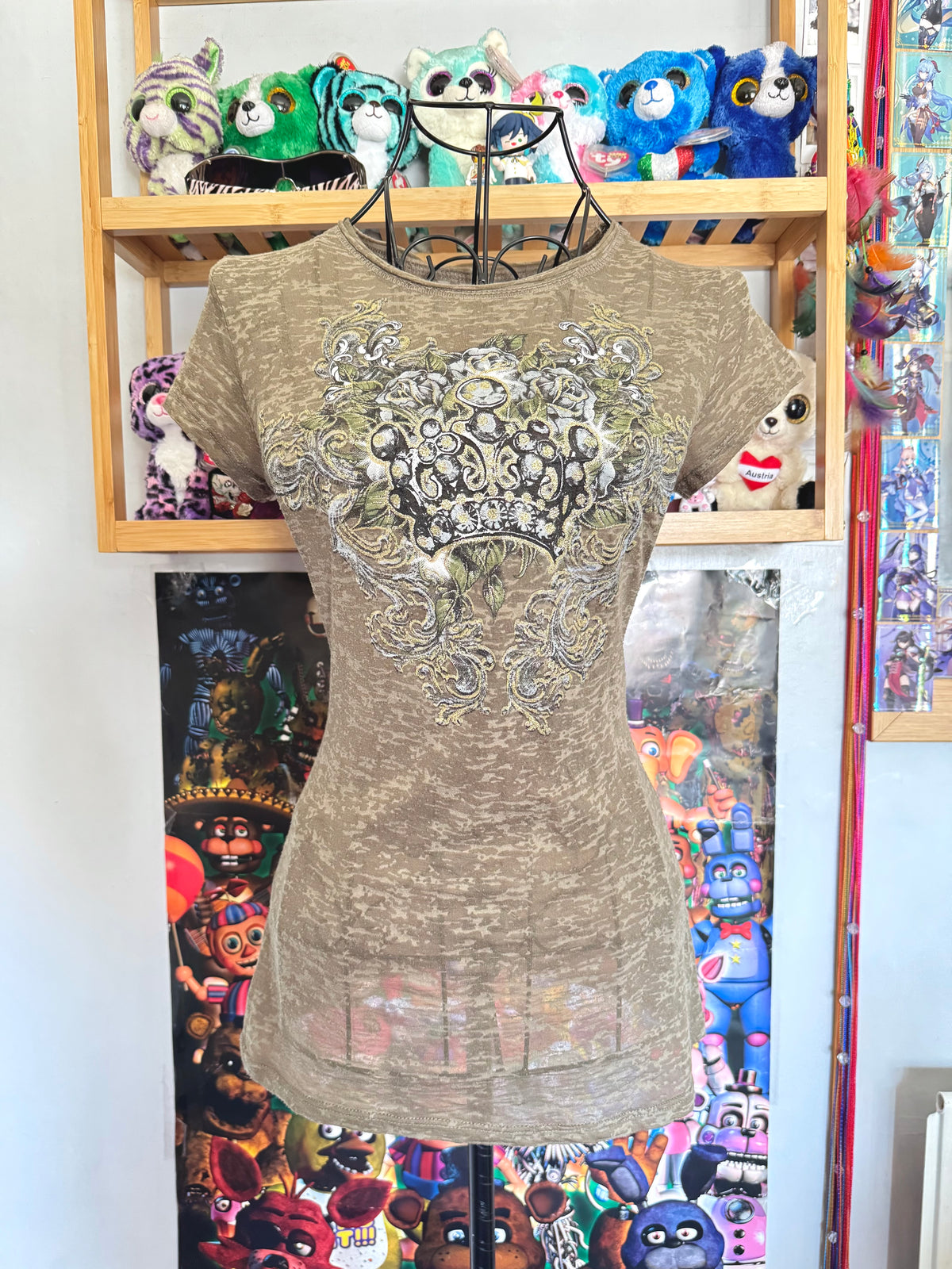 y2k vintage khaki green fitted sheer insane graphic top with crown, wings and rhinestones