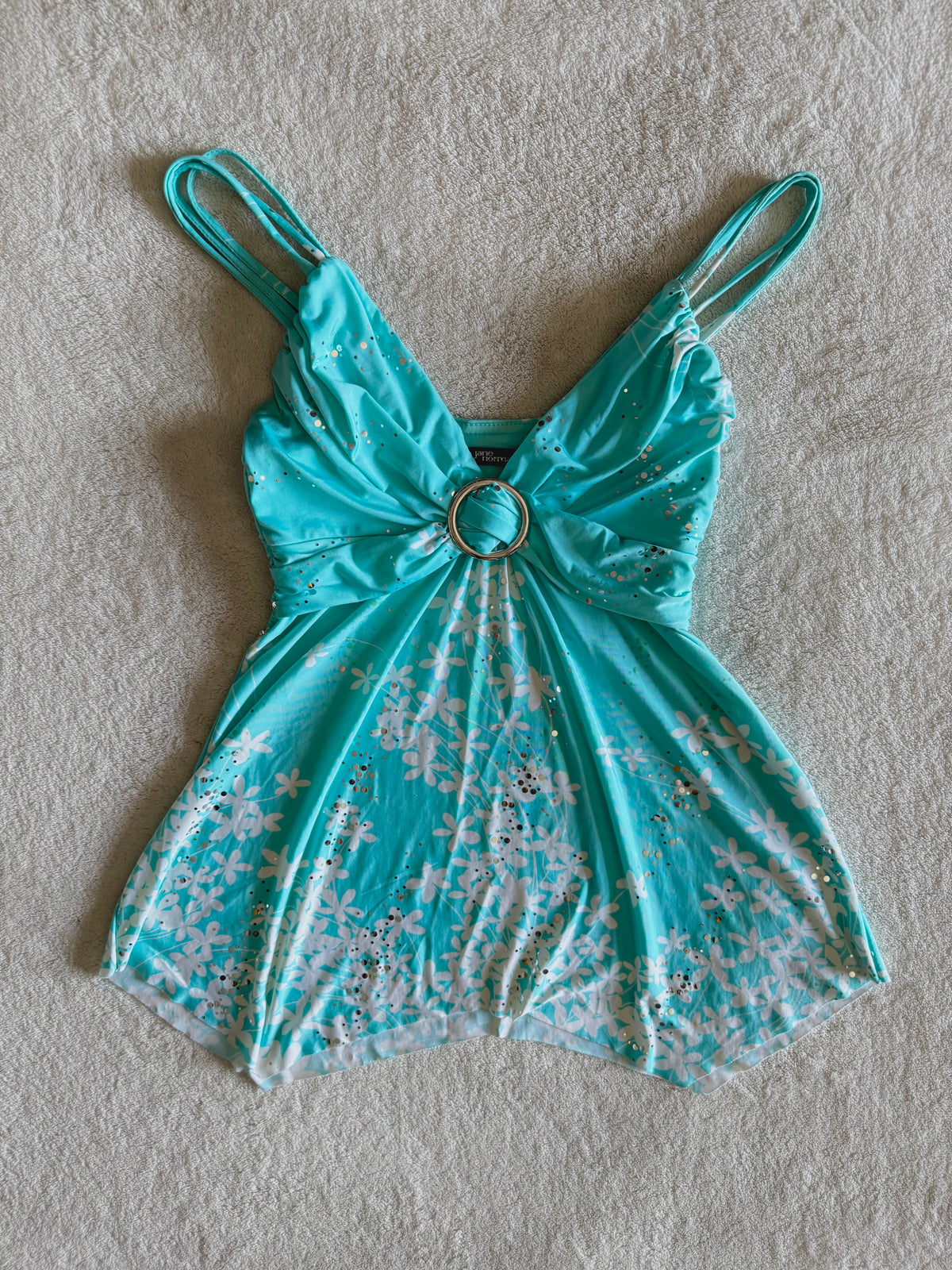 y2k vintage turquoise blue floral slinky fitted cami top with sequins