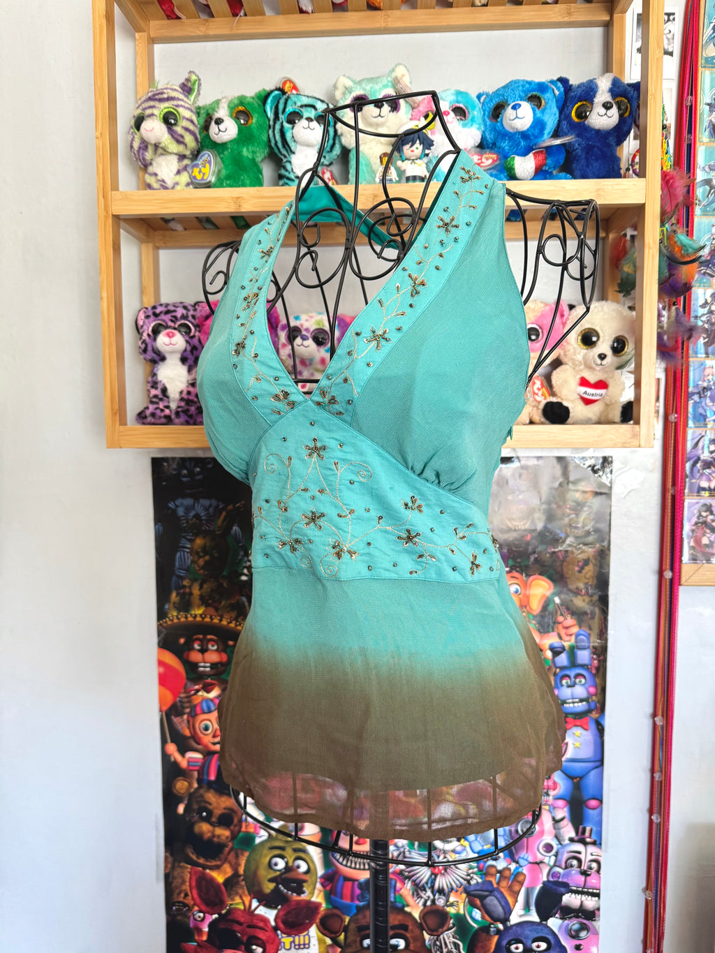 y2k vintage ombre brown and turquoise blue fitted halterneck floral embroidered top