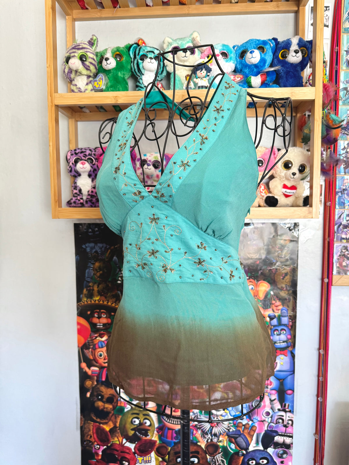y2k vintage ombre brown and turquoise blue fitted halterneck floral embroidered top