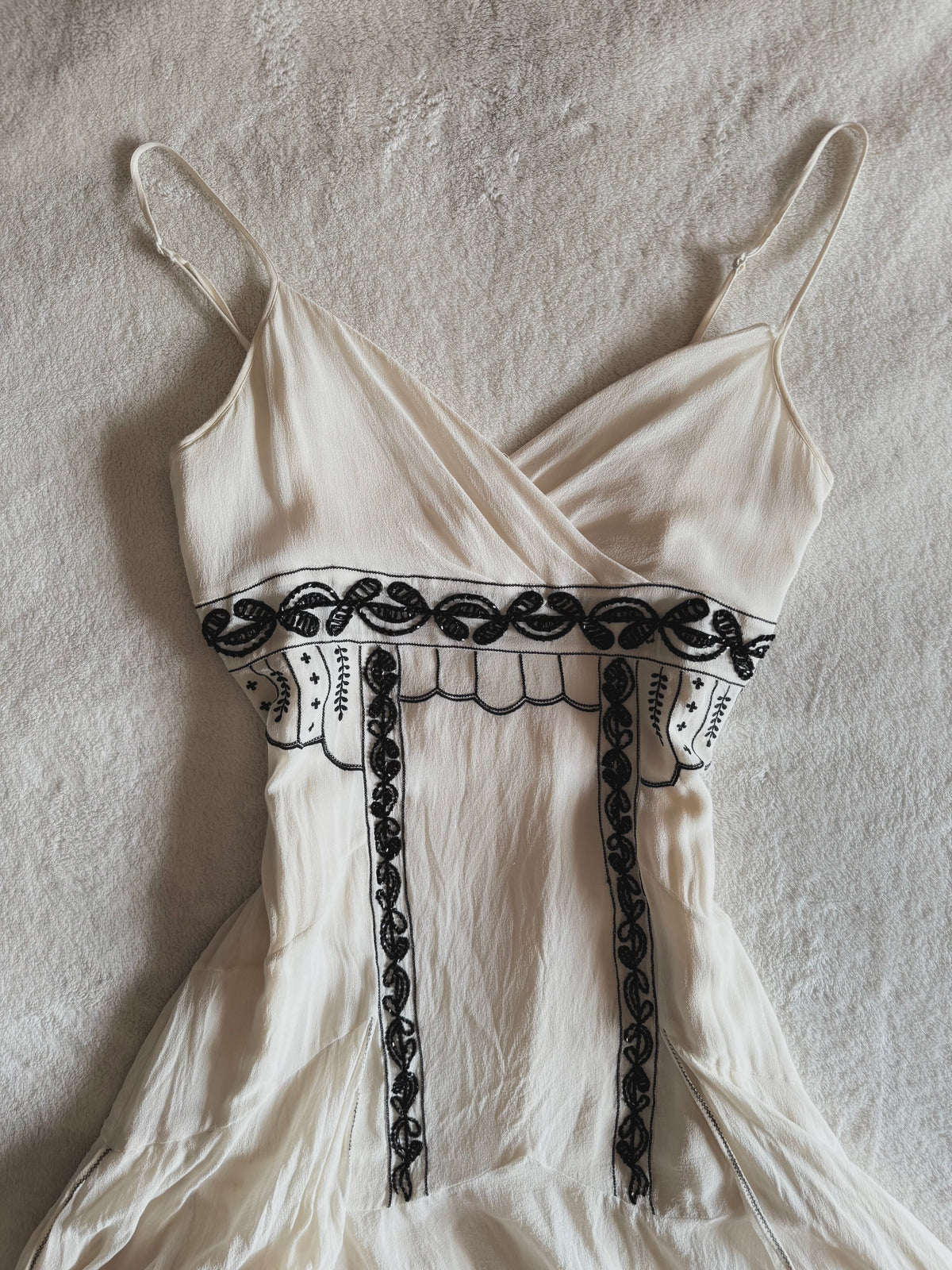 y2k vintage silk off white and black beaded midi dress with bulky layered hem fairycore
