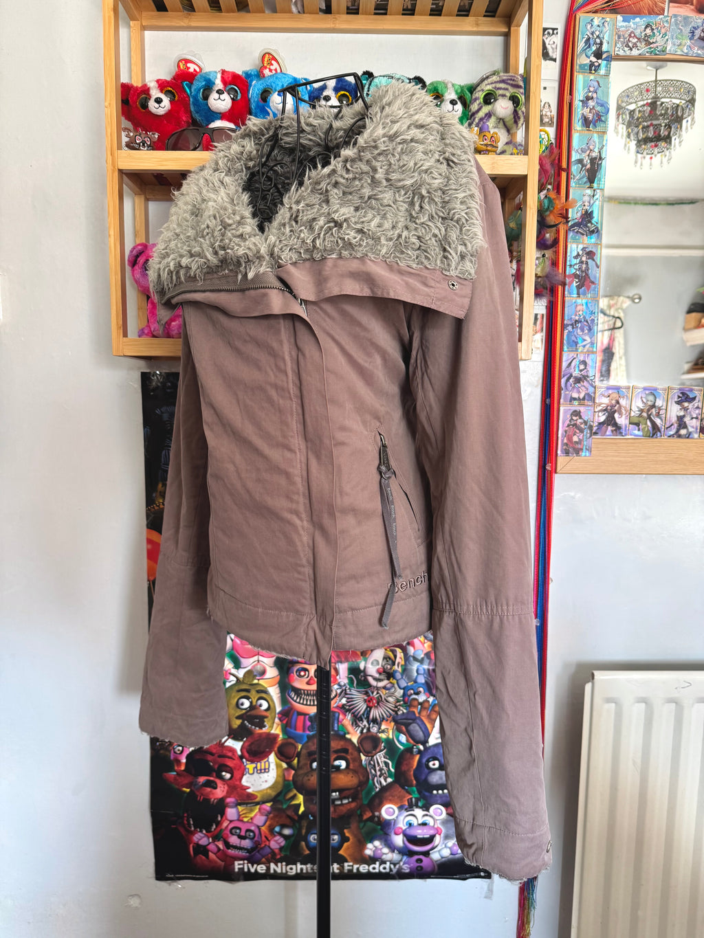 y2k vintage chocolate brown fitted faux fur lined zip up jacket