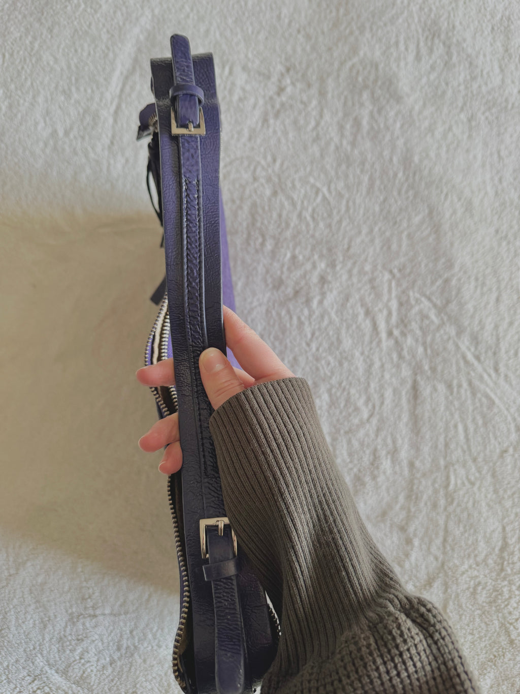 y2k pony hair violet purple slouchy boho handbag with real suede and leather