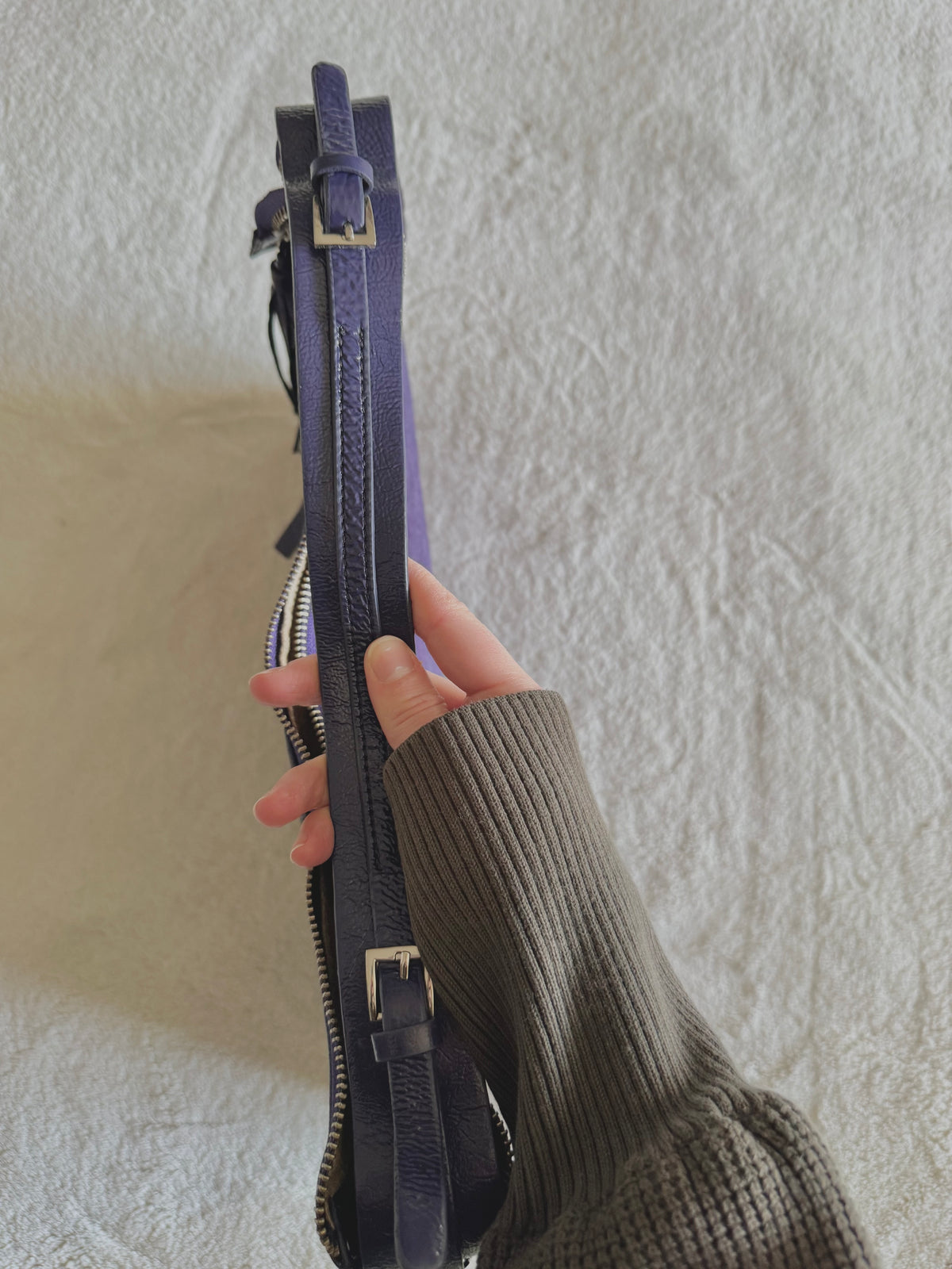 y2k pony hair violet purple slouchy boho handbag with real suede and leather