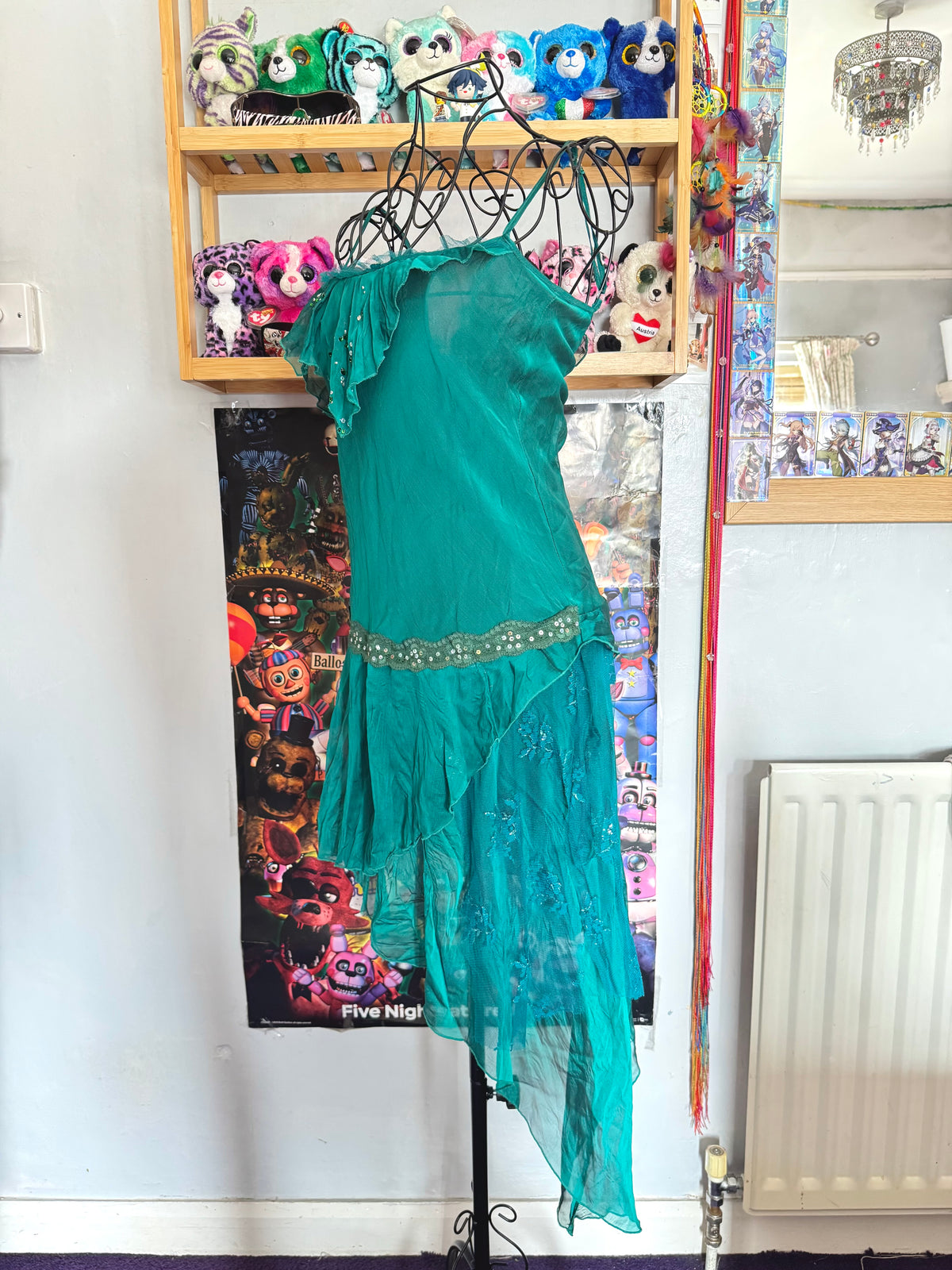 y2k vintage asymmetrical fairycore midi dress with sequins, lace panels and earthy tone