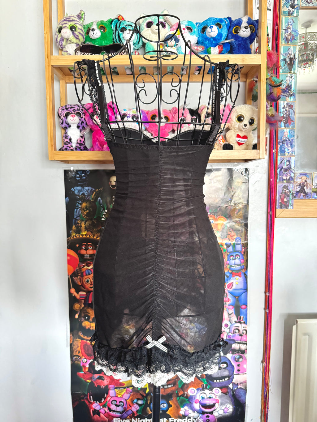 y2k vintage black ruched fitted sheer mesh babydoll top gothic