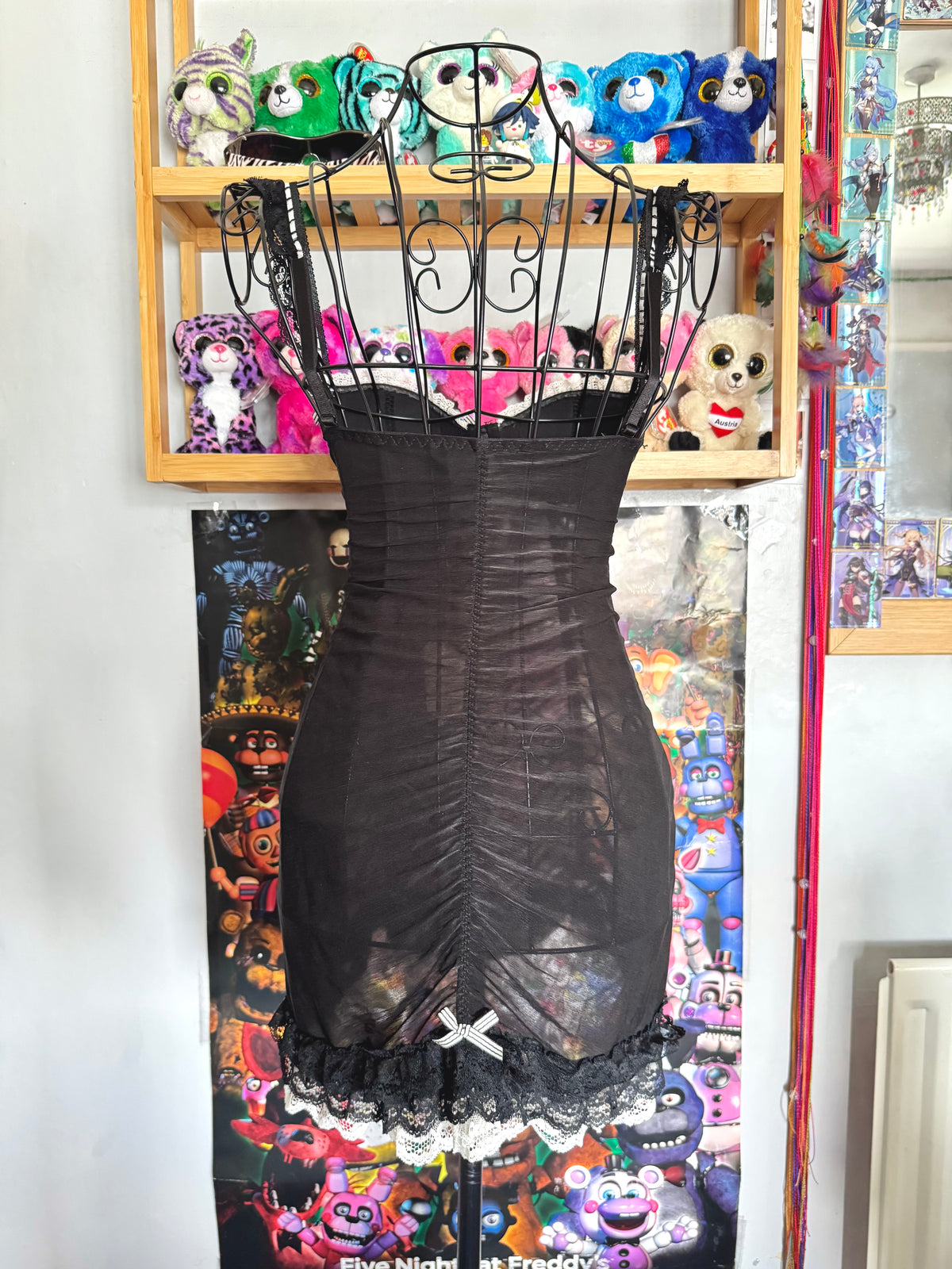 y2k vintage black ruched fitted sheer mesh babydoll top gothic