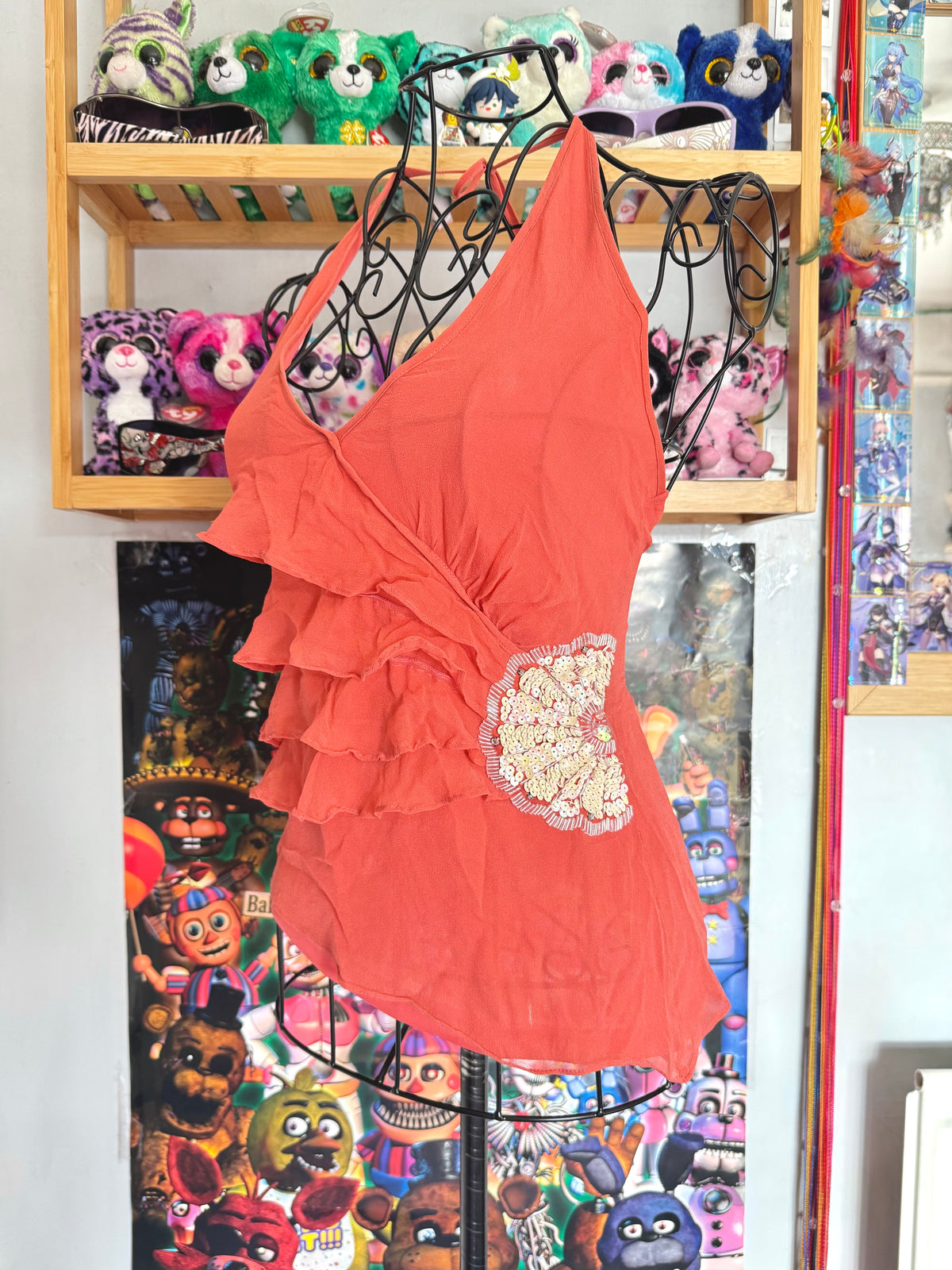 y2k vintage coral pink silk halter cami top with asymmetrical hem and tiered ruffles