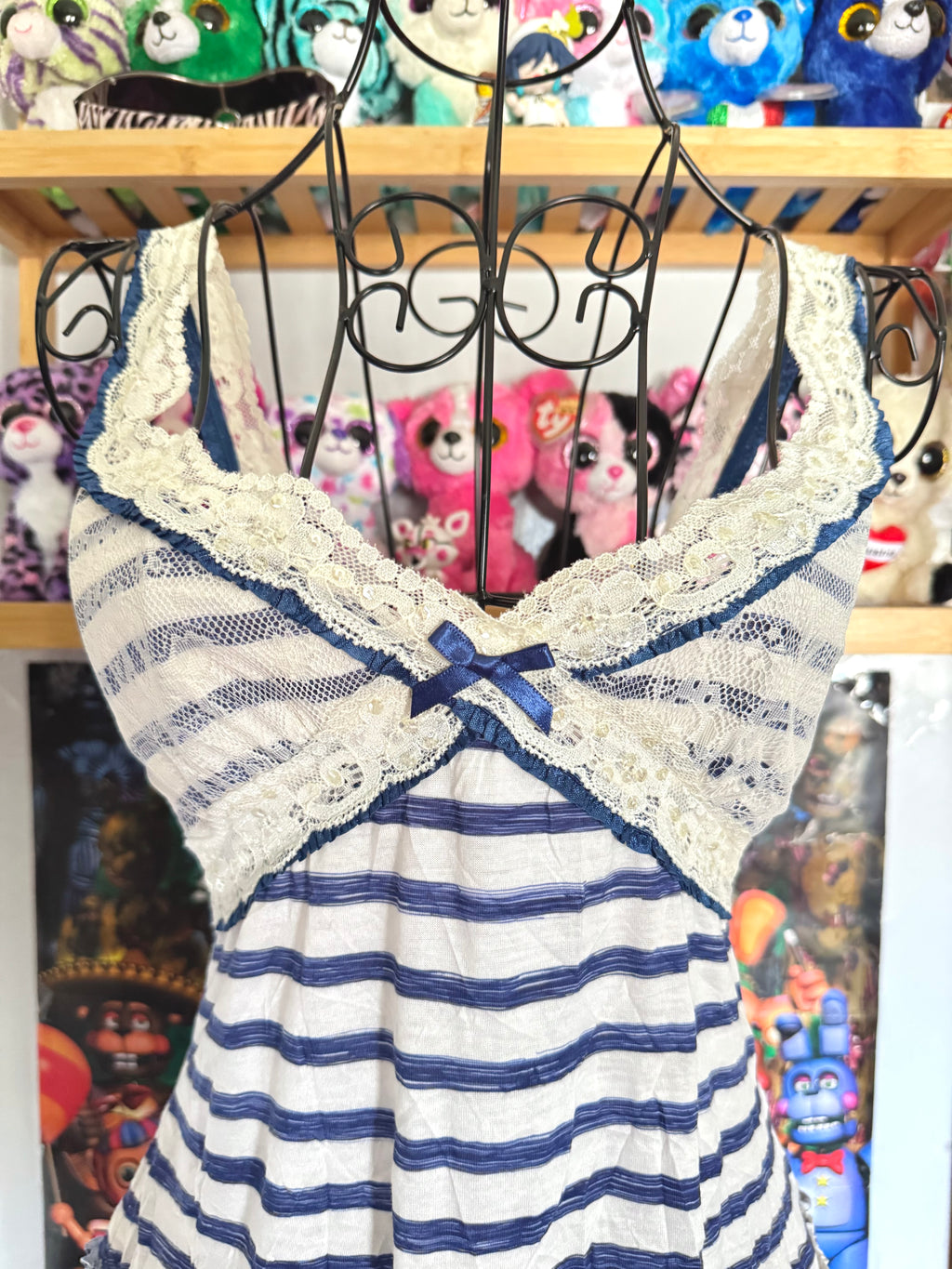 y2k vintage sailor vibes striped blue and white ruffle bottom cami top with lace trimmings