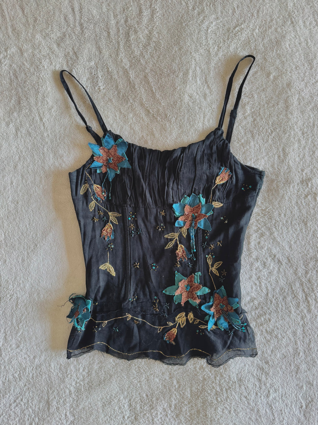 y2k vintage boned and fitted black cami top with floral embroidery