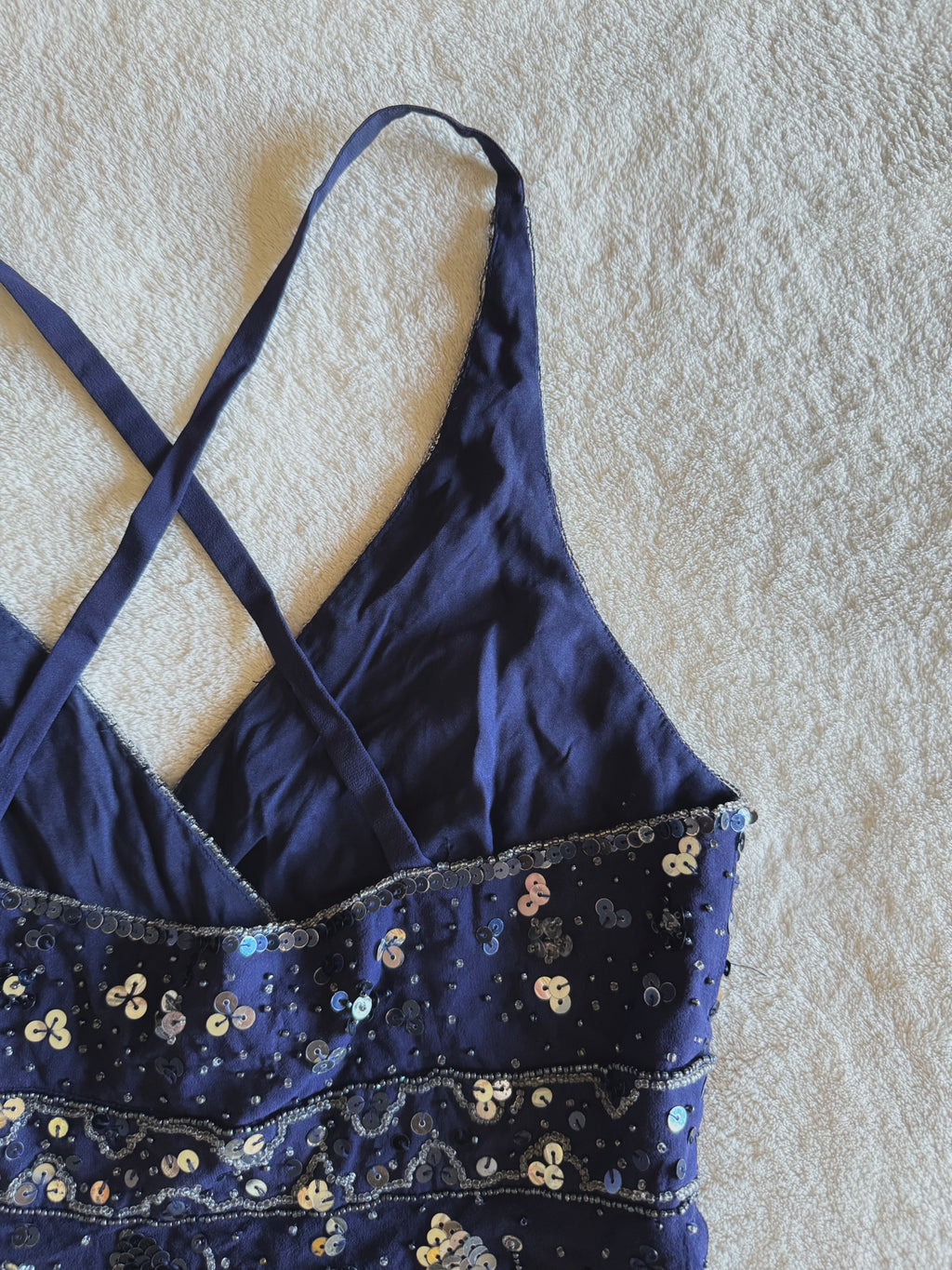 y2k vintage silk royal blue crisscross back fitted slightly cropped cami with butterfly sequins