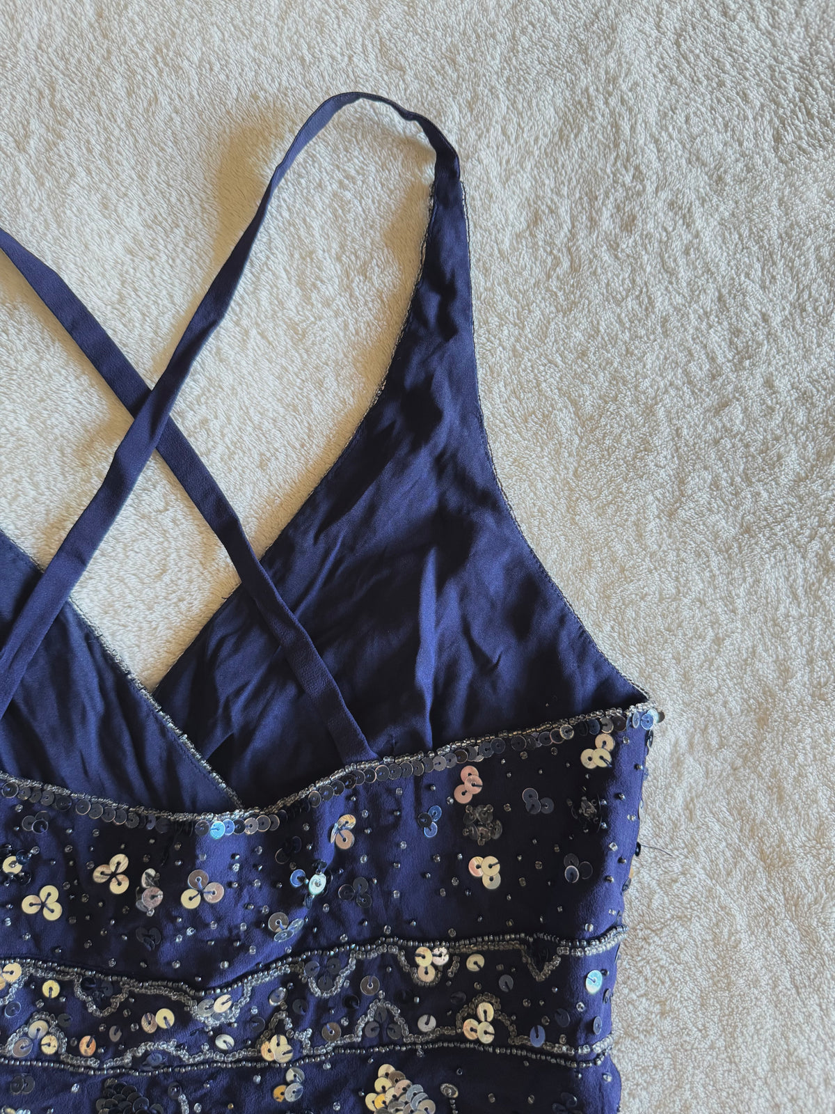y2k vintage silk royal blue crisscross back fitted slightly cropped cami with butterfly sequins