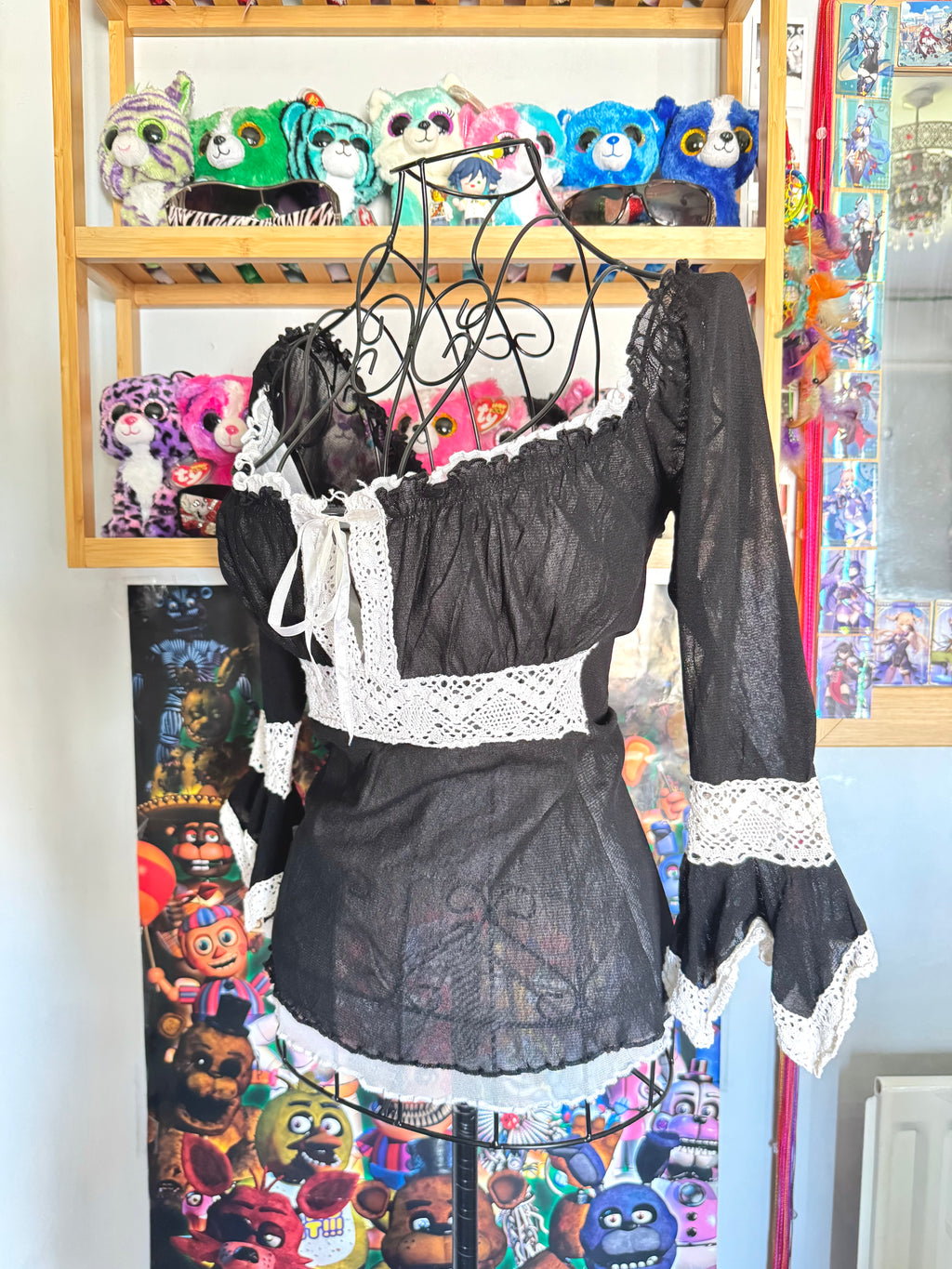 y2k vintage mesh layered lettuce hem milkmaid 3/4 length sleeve top