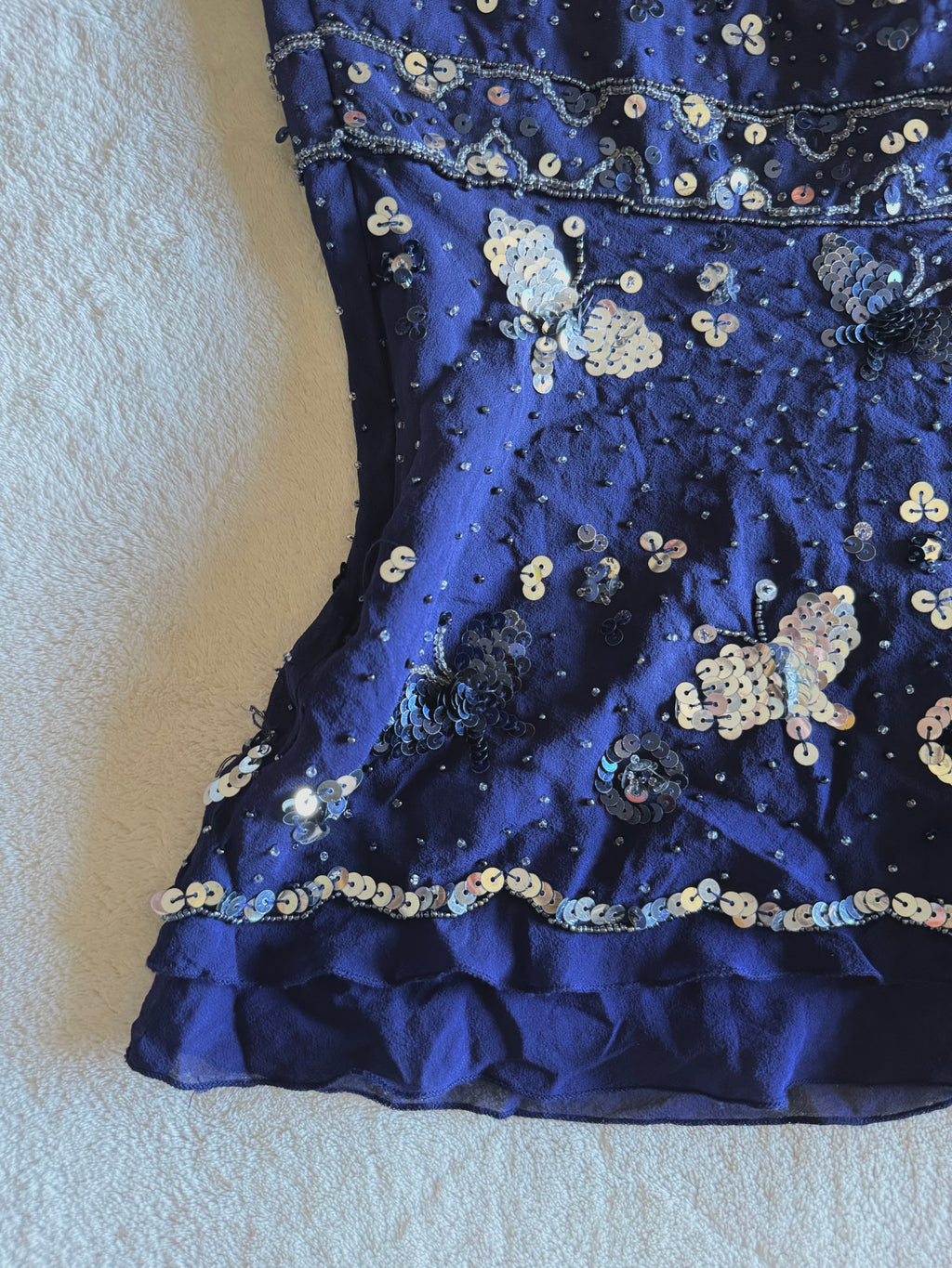 y2k vintage silk royal blue crisscross back fitted slightly cropped cami with butterfly sequins