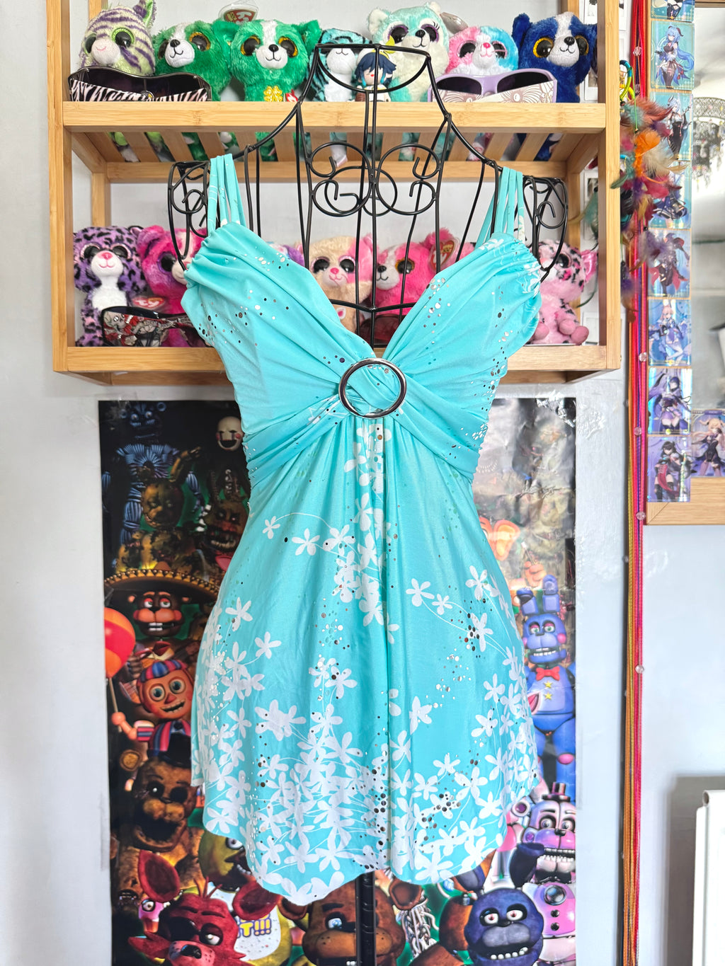 y2k vintage turquoise blue floral slinky fitted cami top with sequins