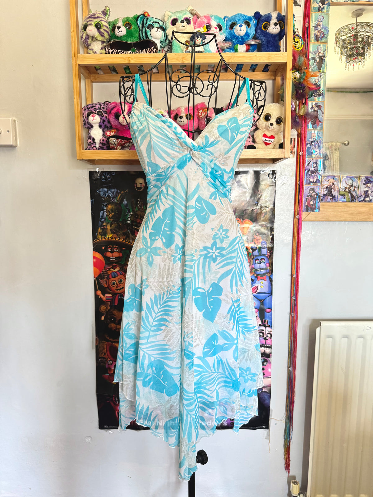 y2k vintage tie back turquoise blue mesh asymmetrical lettuce hem mini dress