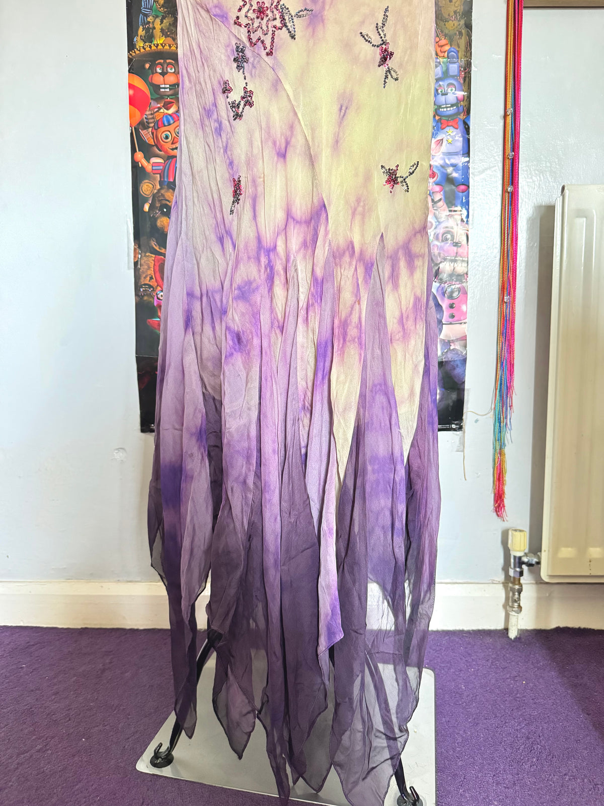 y2k vintage violet purple whimsical silk floral beaded hanky hem cowl neck maxi dress fairy